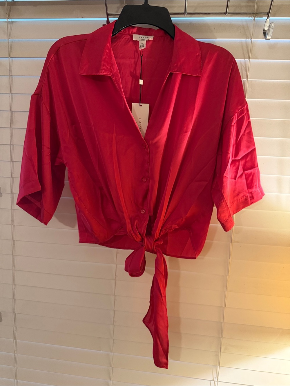 Have Red Satin Tie-Front Button Down Shirt
